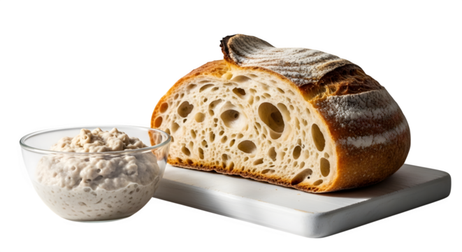 A delightful composition featuring a slice of sourdough bread and a bowl of dip, beautifully presented on a white board isolated on transparent background