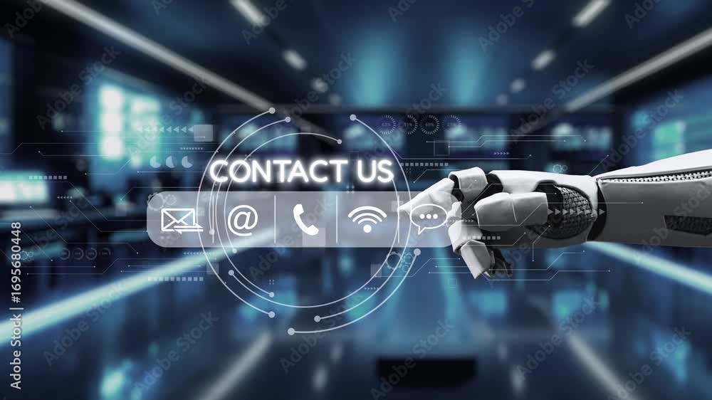 Poster a robotic arm engaging with a futuristic contact us interface in a high-tech digital environment, sy