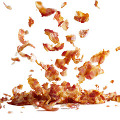 Golden chopped bacon pieces falling and laying on transparent background