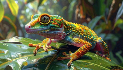 A vibrant, colorful gecko rests serenely on a lush green leaf, showcasing its striking patterns and vivid hues.