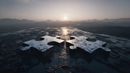 Two Metallic Puzzle Pieces Connect Against a Dramatic Sunset Landscape Background Image