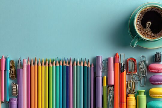 Colorful stationery and coffee cup on pastel background