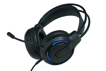 Black gaming headset with added blue light around it, transparent background