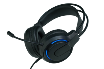 Black gaming headset with added blue light around it, transparent background