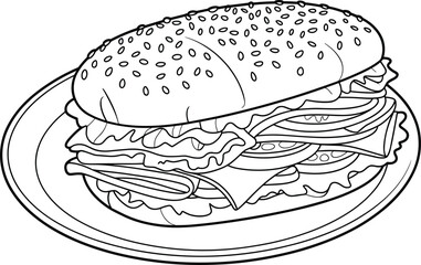 Delicious sandwich on plate, black and white food illustration, line art drawing of sub, meal clipart, fast food sketch