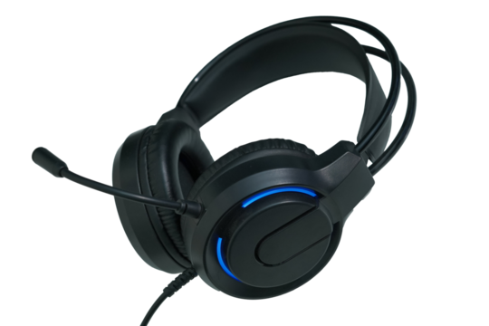 Black gaming headset with added blue light around it, transparent background