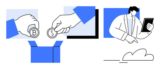 Hands placing coins into a box, representing contribution or savings, with a man holding a tablet for financial analysis. Ideal for finance, teamwork, contribution, donation, savings, planning
