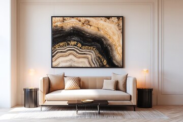 Elegant Living Room Featuring Earth Tones and a Striking Abstract Painting Above a Couch