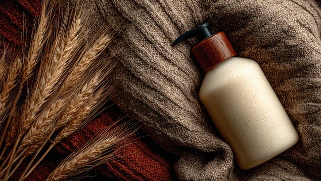 Cream bottle on a textured fall blanket with wheat