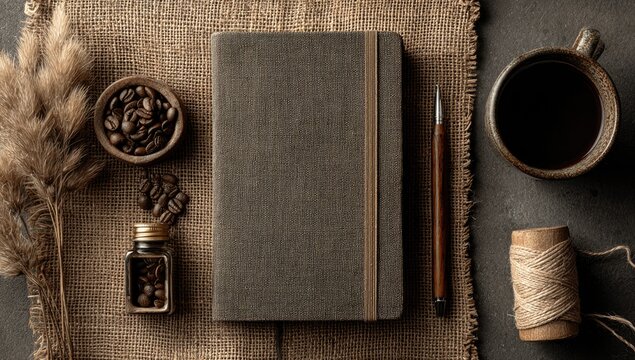 Dark, earthy workspace with notebook, coffee, and plants