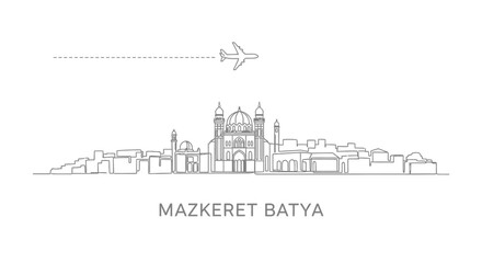 Fototapeta premium Mazkeret Batya Skyline with Airplane, and Line Art.