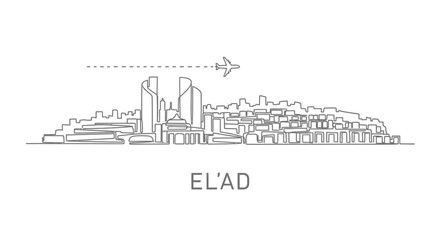 Naklejka premium Elad with Israel City Skyline Line Art, and Plane.