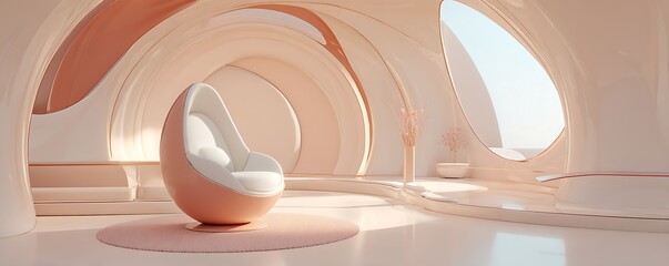 Minimalist meditation chair inside futuristic wellness hub interface pastel sand and chrome hues