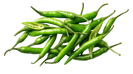 Green chili peppers from multiple angles on transparent background
