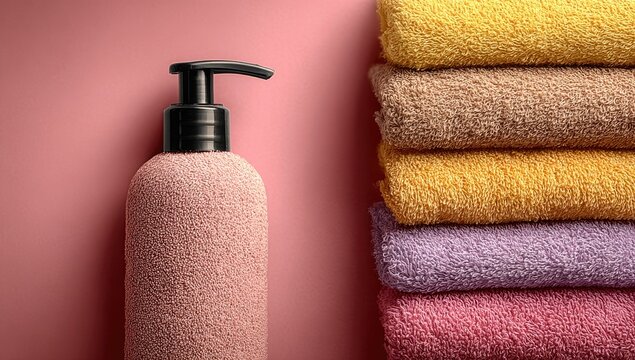 Pink bottle and colorful towels on a pink surface