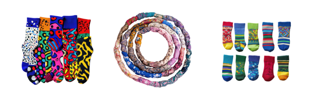 Collection of vibrant, patterned socks and rope arrangement on transparent background