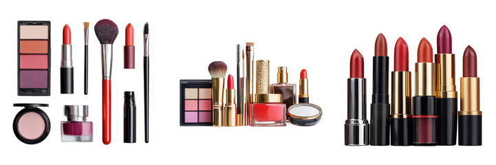 Obraz premium Set of Collection of beauty products like nail polish, lipstick, and makeup brushes laid out on white background, flat lay on transparent png background. Ai generated