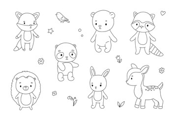 Cute woodland animals, hand drawn outline illustrations set for coloring page. Isolated fox, bear and bunny