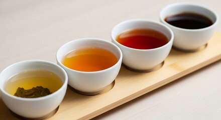 Exploring the diverse world of tea with a sampling flight showcasing different infusions and colors from light to dark