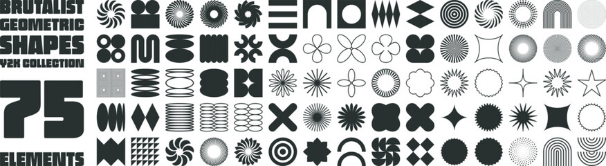 Brutalist abstract geometric shapes and grids. Brutal contemporary figure star oval spiral flower and other primitive elements. Swiss design aesthetic. Bauhaus memphis design. © Galaxy