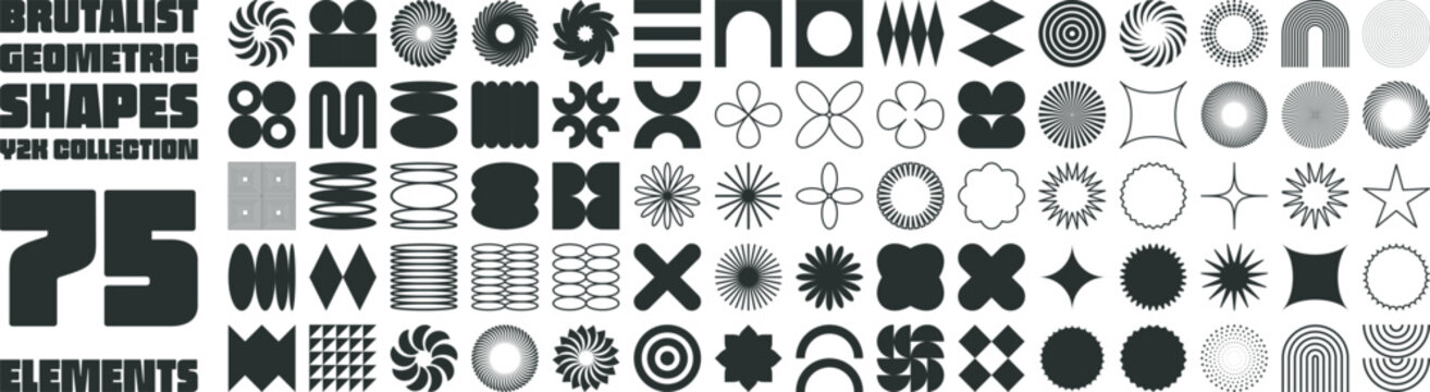 Brutalist abstract geometric shapes and grids. Brutal contemporary figure star oval spiral flower and other primitive elements. Swiss design aesthetic. Bauhaus memphis design.