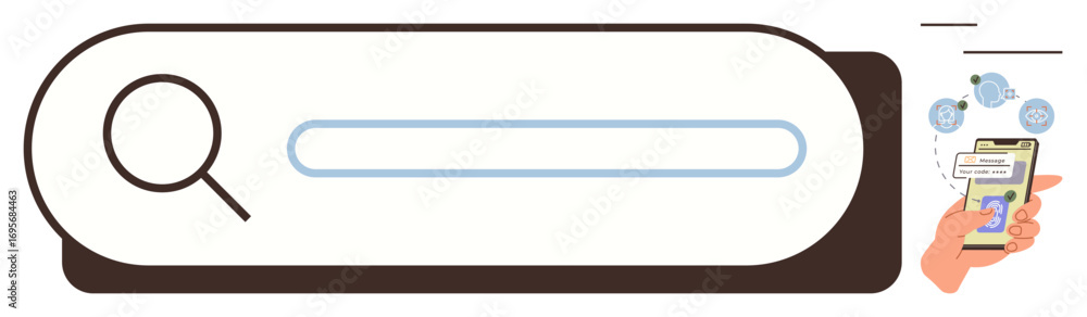 Poster search bar with magnifying glass and texting smartphone exchanging digital data. ideal for search en