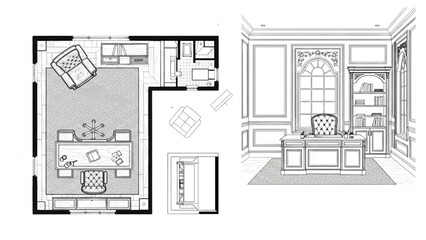 Classic Home Office Design | 2D AutoCAD Drawing with Furniture Layout and Elevation Blueprint