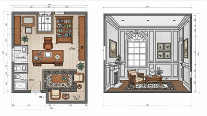 Classic Home Office Design | 2D AutoCAD Drawing with Furniture Layout and Elevation Blueprint