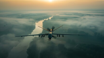Military Transport Aircraft Flying Over a Scenic River at Dusk