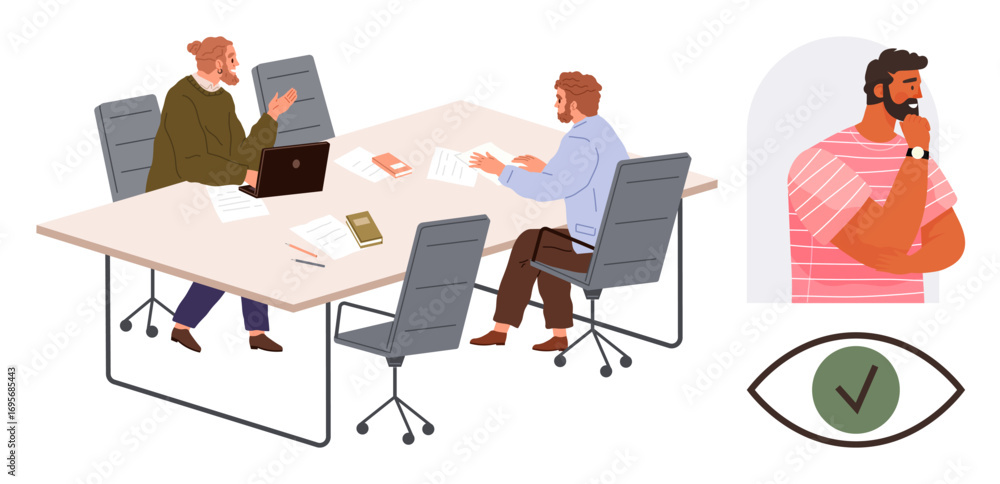Aufkleber two colleagues collaborating at a table with laptops and documents while another individual observes