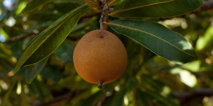 A ripe sapodilla fruit dangles from a tree branch, showcasing its unique texture and natural beauty.