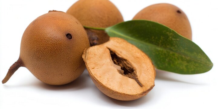 Sapodilla fruits, showcasing one sliced open, with a vibrant green leaf on a white backdrop.