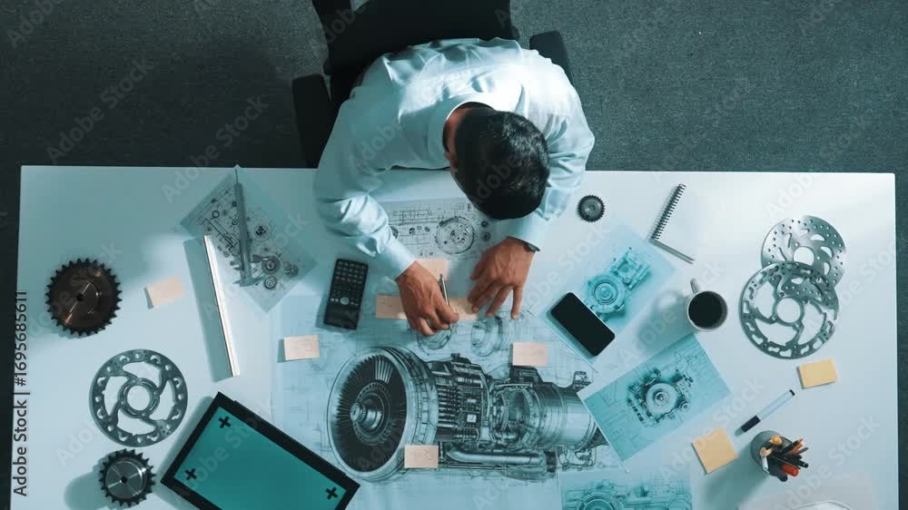 Poster top down view of skilled engineer writing and planning turbine engine design while sitting at meetin