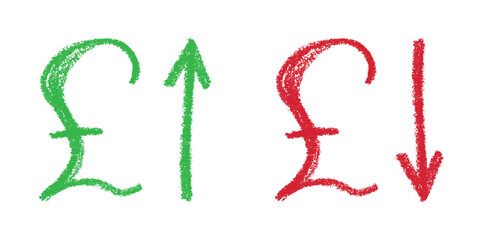 Hand drawn british pound currency symbol Growth and fall profit with arrow up and down Brush stroke doodle Element for design