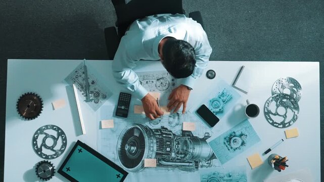 Top down view of skilled engineer writing and planning turbine engine design while sitting at meeting table with gear and electronic generator scatter around. Technician taking a note. Alimentation.