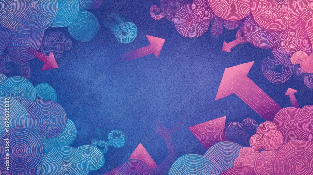 Poster colorful swirl patterns and arrows pointing upward create a vibrant abstract background, perfect for
