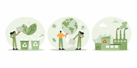 Illustrations depicting environmental protection recycling and sustainable energy solutions for a healthier planet