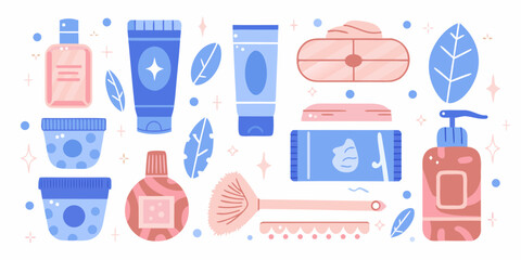 A collection of flat illustration style skincare and beauty products including creams lotions and brushes