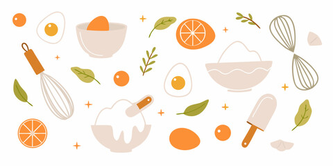 Whimsical flat illustration of baking ingredients and tools with oranges and eggs