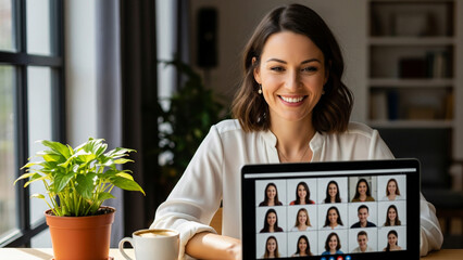 A smiling woman sits at a desk, working on a laptop displaying multiple headshots, with a plant and coffee nearby.