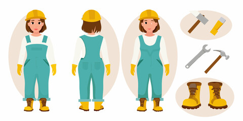 Female construction worker in teal overalls yellow hard hat and boots with tools