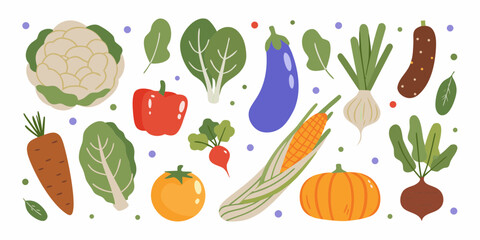 A vibrant collection of fresh colorful vegetables and produce arranged in a playful pattern