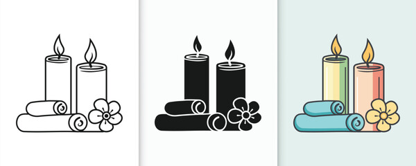 Serene spa scene with lit candles rolled towels and flower petals