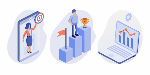 Business success concept with goal achievement winning and financial growth illustrated in isometric style