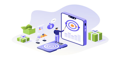 Man pointing at target on smartphone screen with charts and gifts symbolizing business success and goals