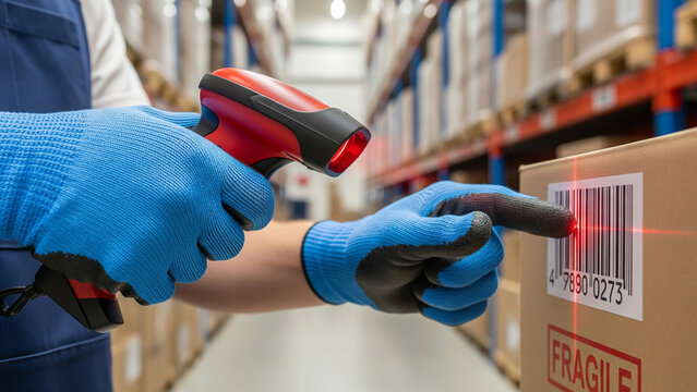 Worker scans a barcode on a cardboard box in a warehouse aisle using a red handheld scanner, pointing with a finger.