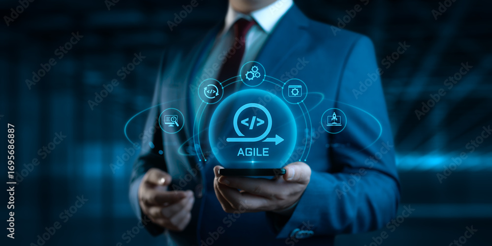 Poster businessman holding smartphone with agile development icons on screen. software development concept