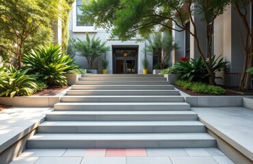A sleek set of modern steps leading to a building entrance, surrounded by lush greenery.