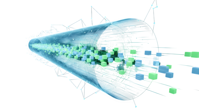 Data stream flowing through a transparent pipe, representing the movement of information and the flow of digital data isolated on transparent background