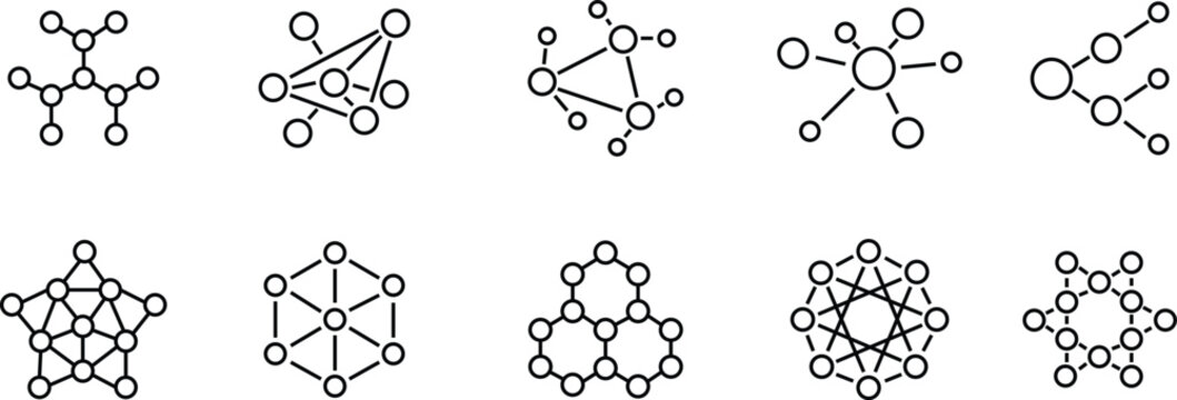 Molecule network connection black outline icon set. Vector of blockchain, neural network, data structure, artificial intelligence, science, chemistry, communication, web, internet, digital technology.